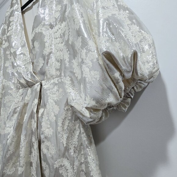 Tanya Taylor - 4 Ivory Mettalic Floral Puff Sleeves Midi Dress - Picture 5 of 8